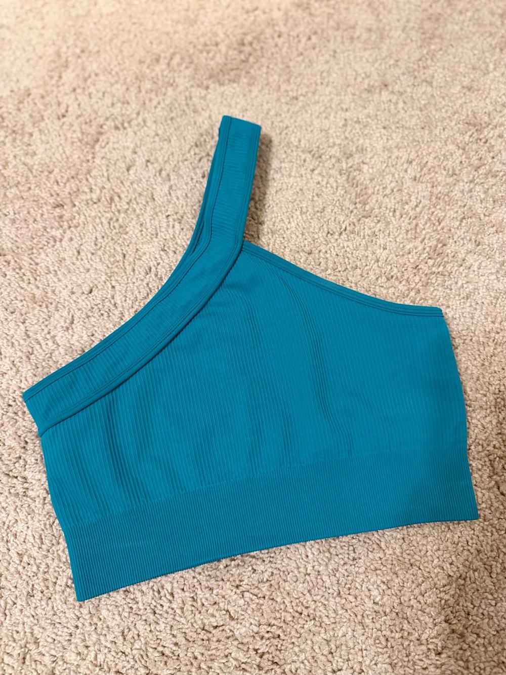 One-Shoulder Ribbed Sports Bra, Medium (Teal)!